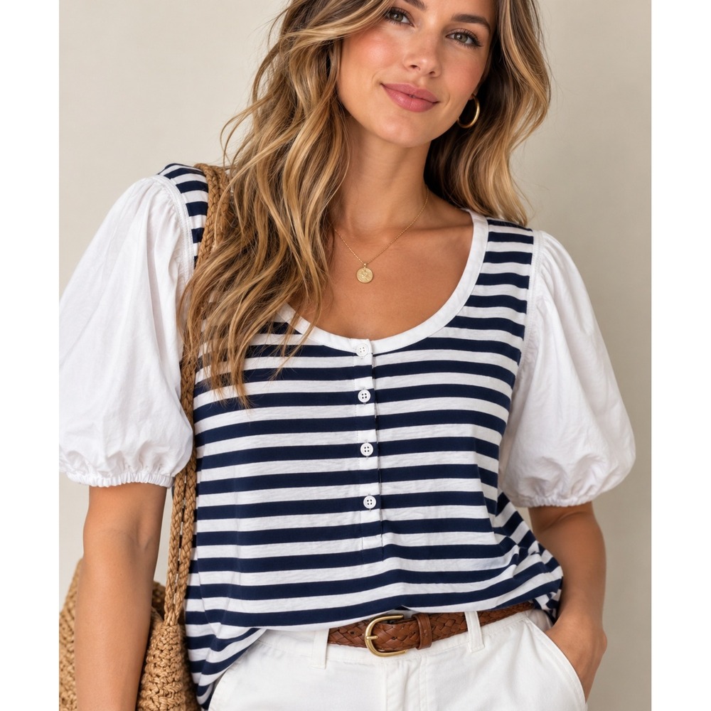 Talbots XL Blue White Stripe Balloon Sleeve Coastal Preppy Cotton Blouse Top